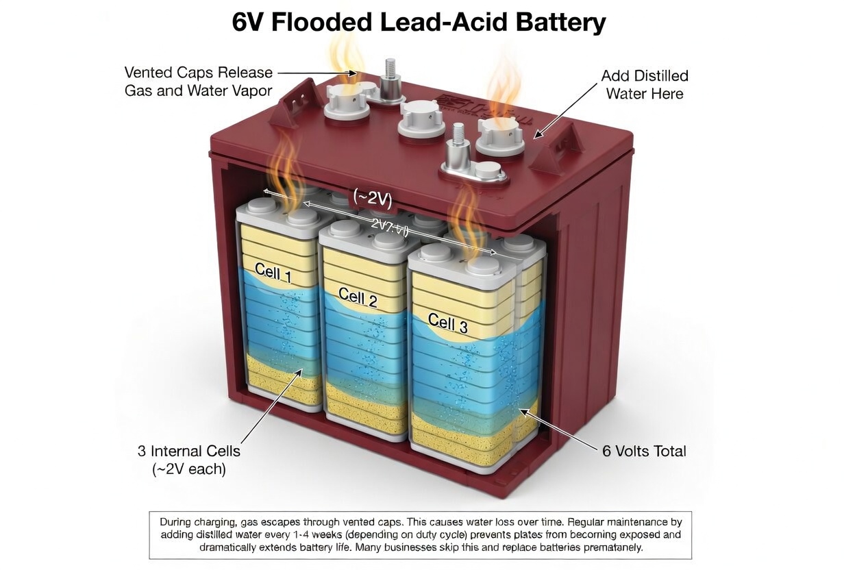 Cutaway diagram showing a flooded 6V lead-acid battery with vent caps, water fill points, and internal cells.
