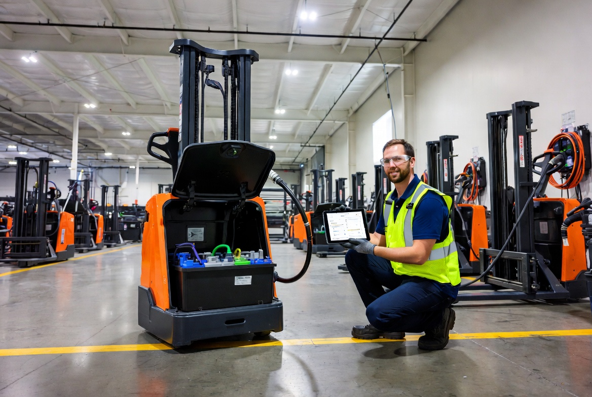 Warehouse technician inspecting a pallet jack battery compartment and using the BatteryTrackr tablet workflow.