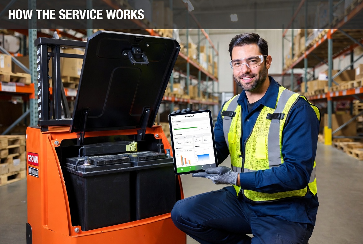 Technician servicing a pallet jack battery compartment while using the BatteryTrackr tablet workflow in a warehouse.